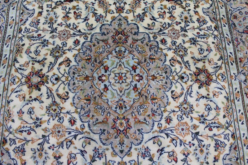 Fine Keshan Rug 218x145cm Hand Knotted Kurk Wool Signed Ivory Floral Medallion gallery