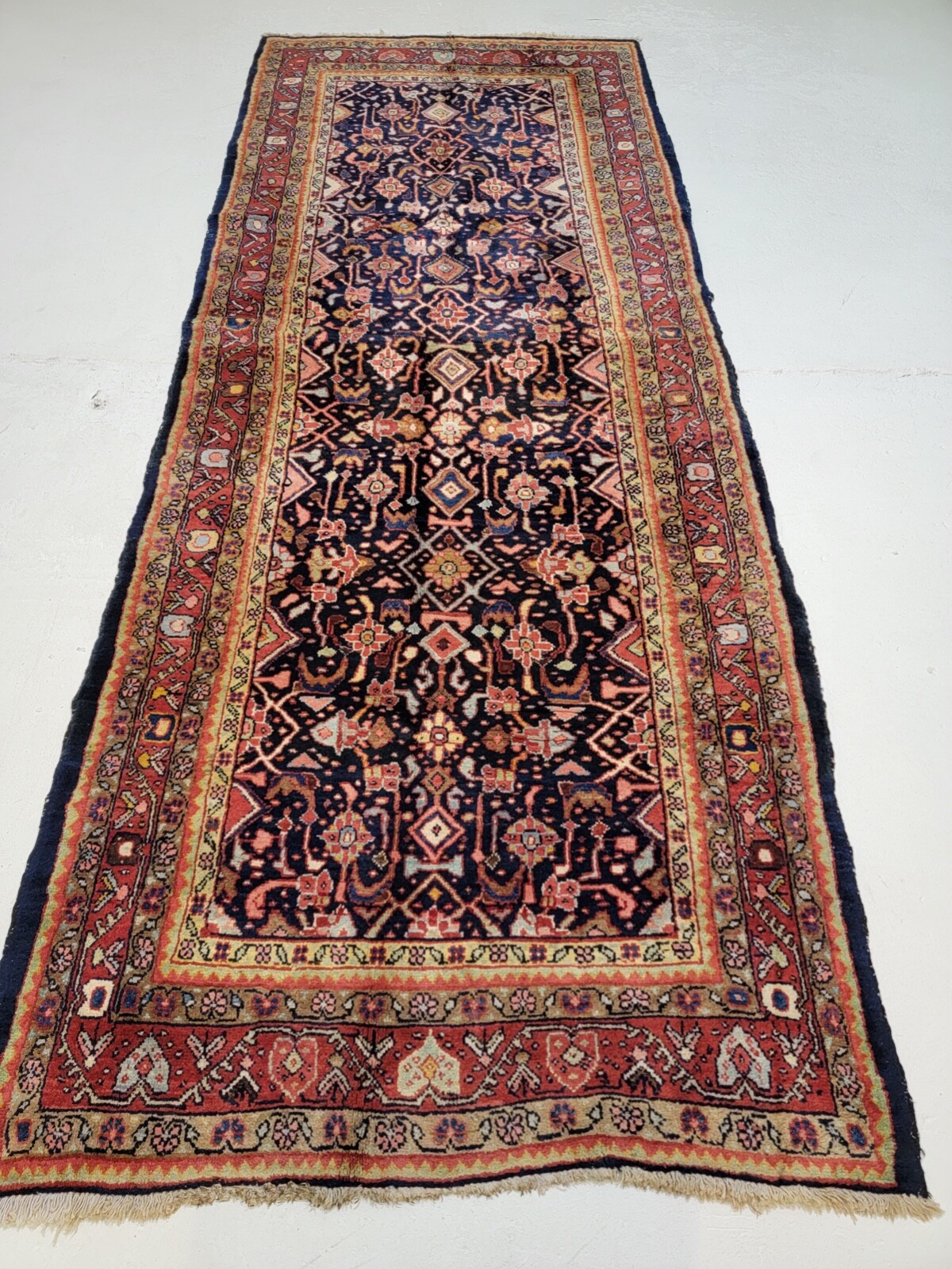 Antique Oriental Hand-Knotted Wool Runner Navy Blue/Red/Green 3'9" x 9'9" gallery