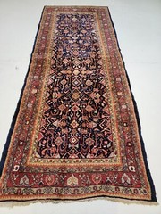 Antique Oriental Hand-Knotted Wool Runner Navy Blue/Red/Green 3’9″ x 9’9″