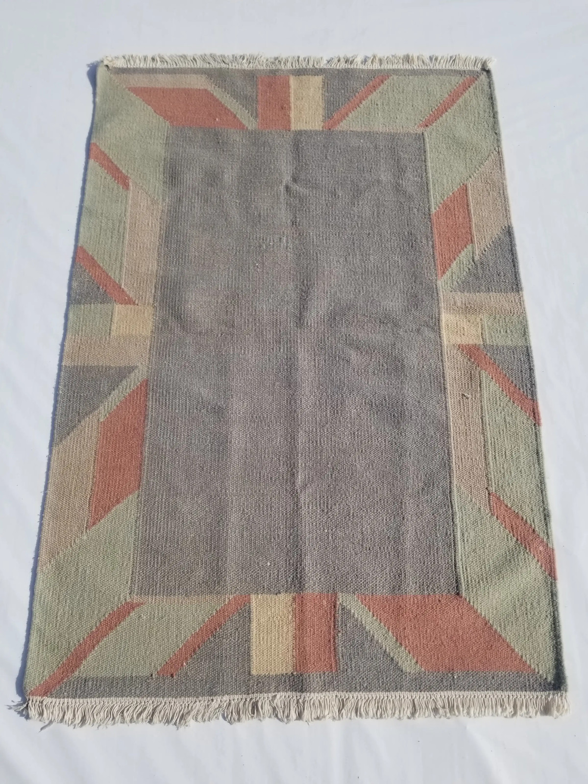 Vintage Handmade Traditional Geometric Cyan Grey Kilim Rug Carpet 5.7x3.9ft gallery