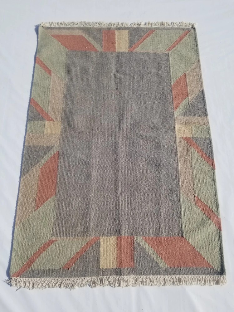 Vintage Handmade Traditional Geometric Cyan Grey Kilim Rug Carpet 5.7x3.9ft