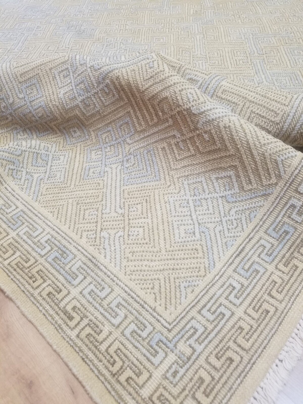 Gorgeous Romanian Geometric Design Beige & Blue High & Low Wool 8 x 10 Rug gallery