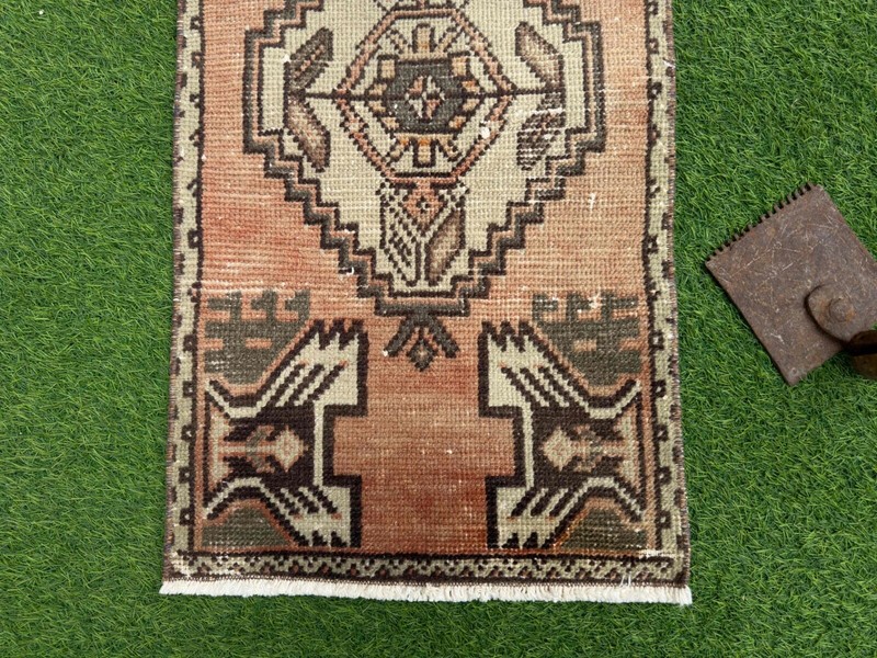 Hand-Woven Small Turkish Carpet 1x3 Pale Orange Wool Geometric Tiny Rug Muted gallery