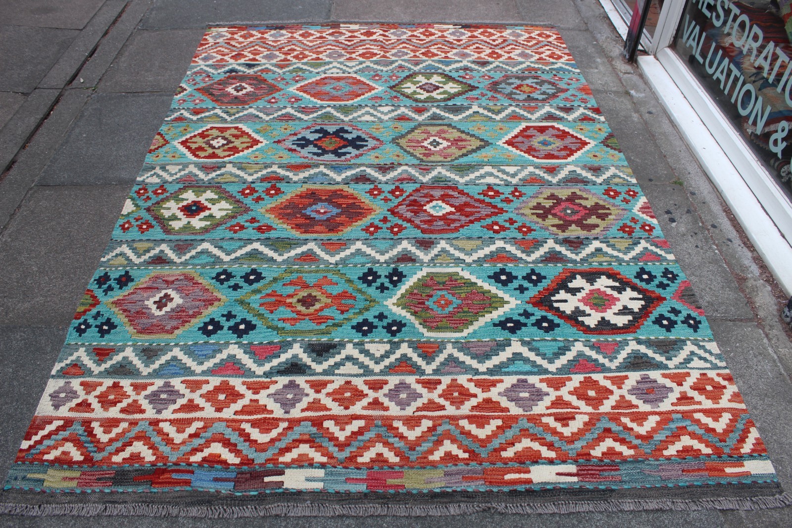 Kilim Vintage Traditional Hand Made Oriental Blue Red Wool Large Kilim 235x162cm gallery