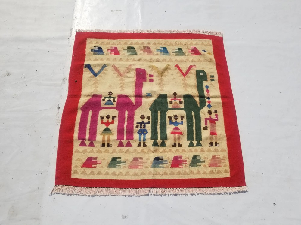 Vintage Traditional Handmade Tunisian Pictorial Wool Tapestry Rug 3.4x3.3ft