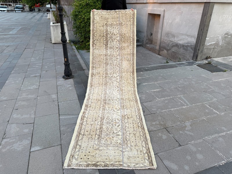 Vintage Turkish Runner Rug 2.8x10.2 ft Beige Cream Hallway Wool Handmade Rug gallery