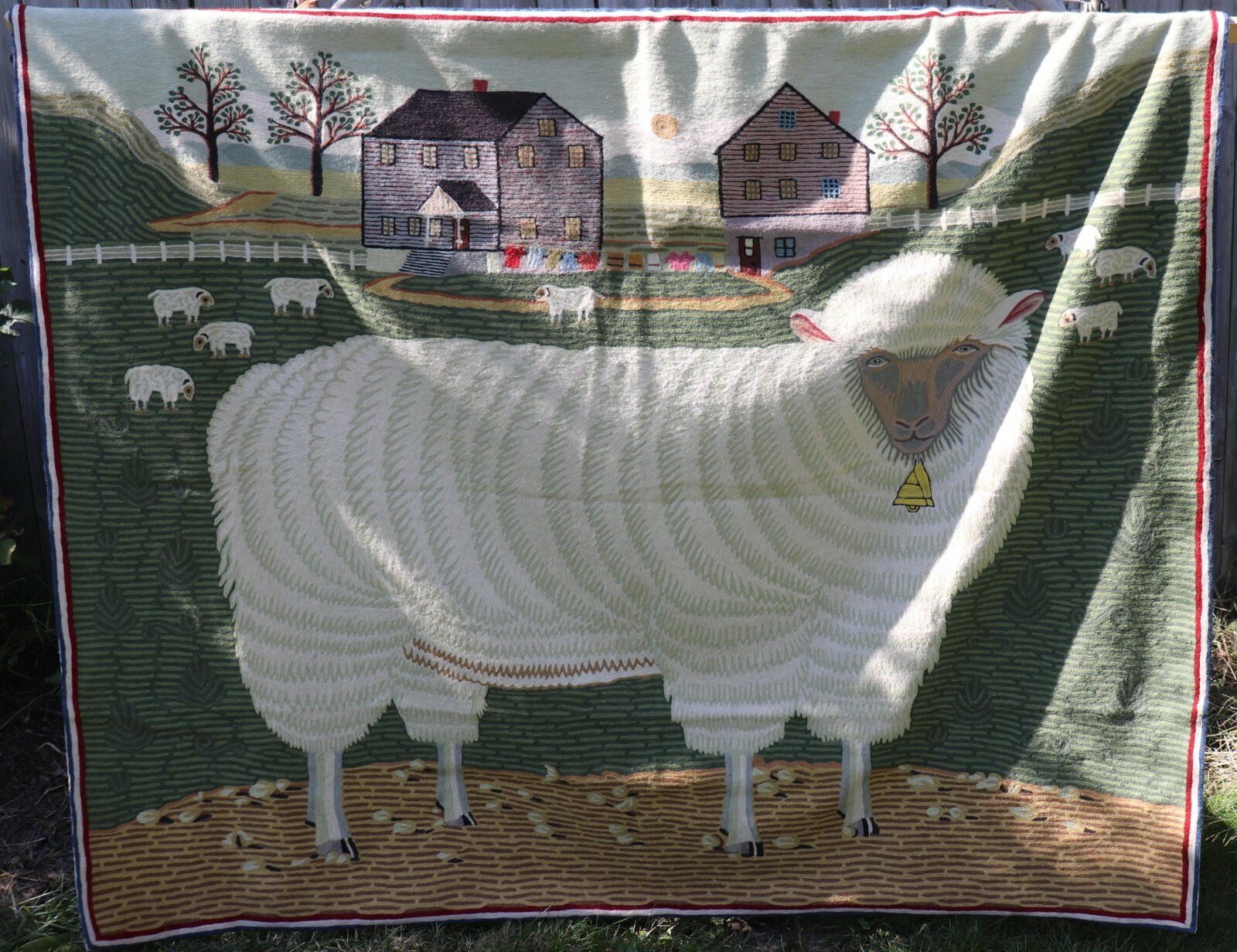 Vintage Hand embroidered Wool Rug Primitive Sheep 80.5"x 66" Ari Chain stitch gallery