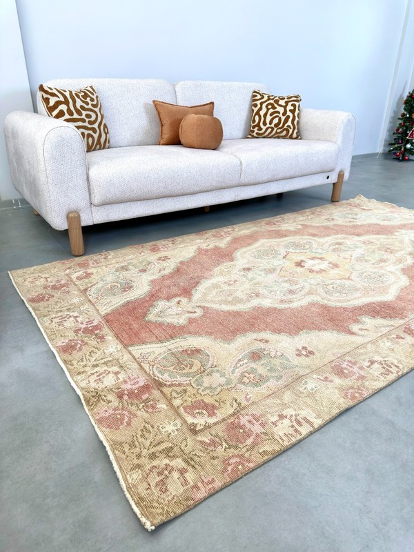 4.7'x8.5' Vintage Turkish Oushak Rug, Area Rug, Red Beige Rug, Handmade Wool Rug gallery