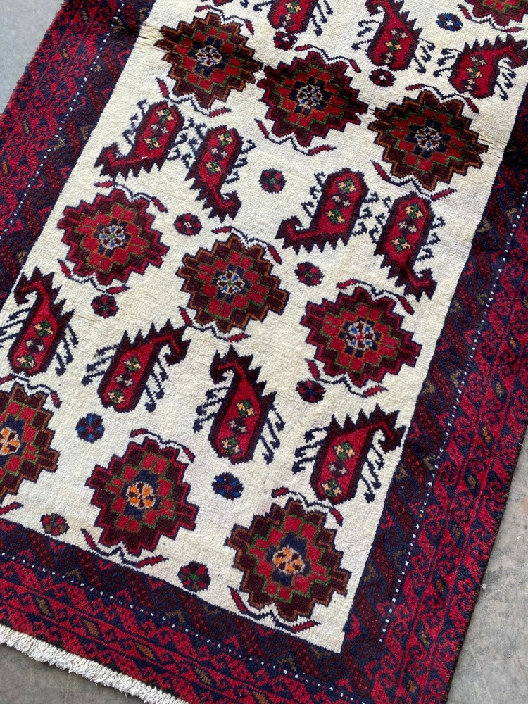 Handmade Afghan Tribal Accent Rug 3'x6' Geometric Paisley Design, Light Distress