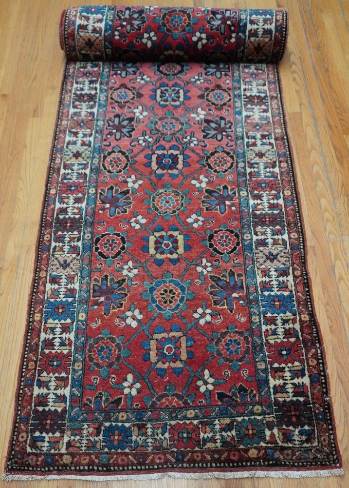 Antique Herizz Runner Hand Knotted Wool Veg. Dye Long Hallway Rug 3'5" x 18'