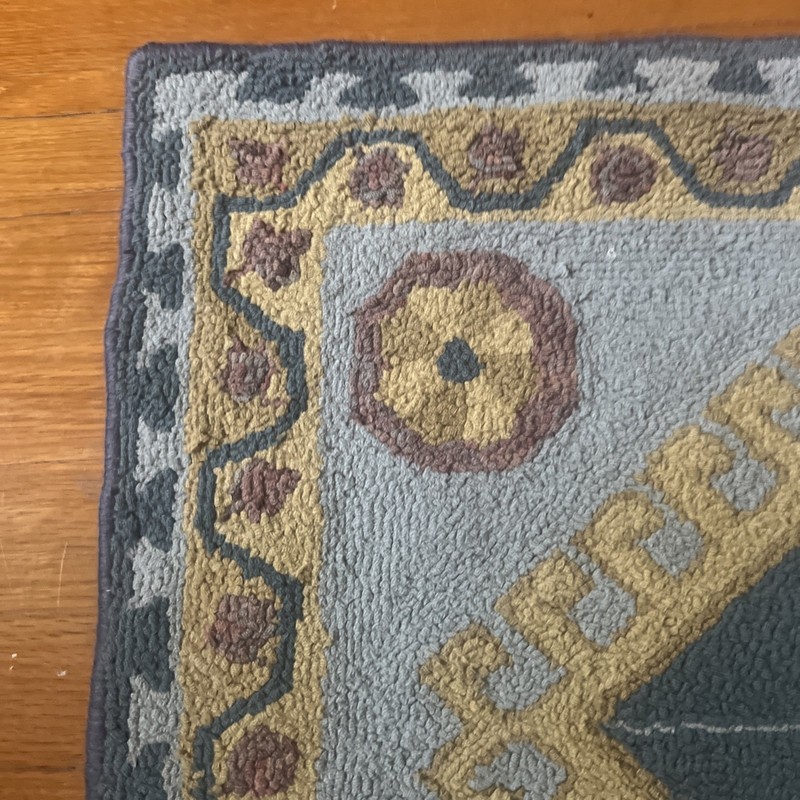 Vintage Signed FOLK ART Hooked Rug 26 x22 Geometric Flynn Flood Blue Carpet Mat gallery