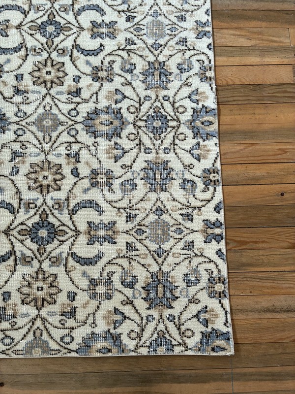 Vintage Turkish Rug 3x7 Cream Blue Beige Wool Hand Knotted Hallway Runner gallery