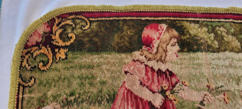 Antique Rug Tapestry Wall Hanging Victorian Girl Feeding Sheep Farmhouse gallery