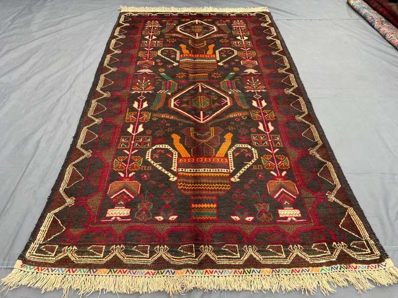 3'7x6'6 ft Vintage Afghan Baluchi Hand-Knotted Pictorial Dark Red Multicolor Rug gallery