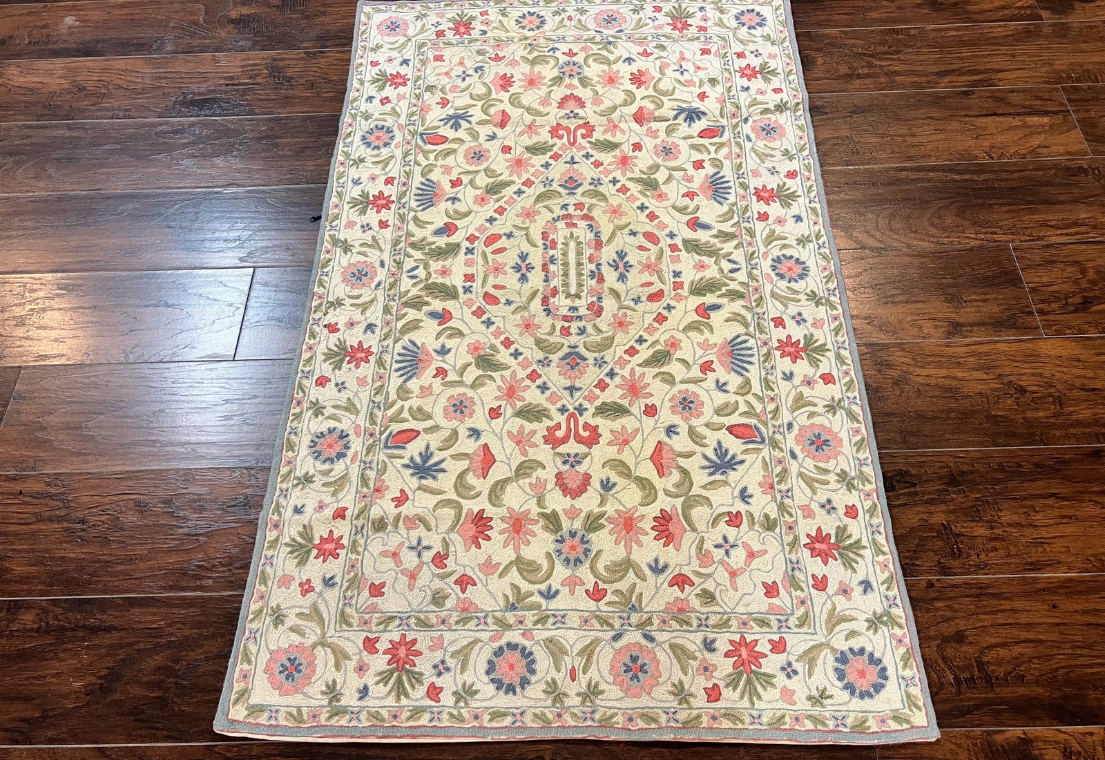 Hand Stitched Indian Rug 4x5, Floral, Vintage Hand Embroidered Rug gallery
