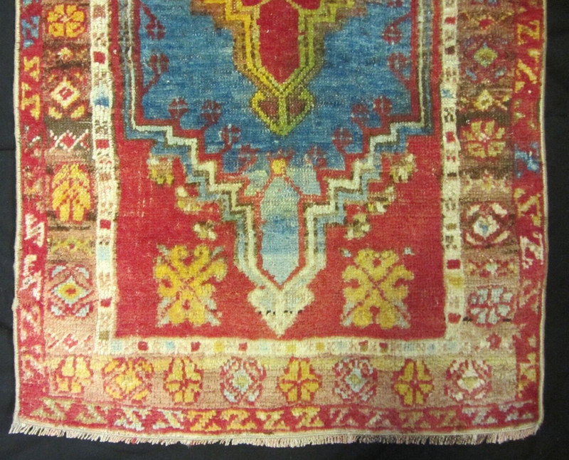 Turkish Anatolia Prayer Rug Wool Antique Rare Beautiful Reds & Blues 25" x 52" gallery