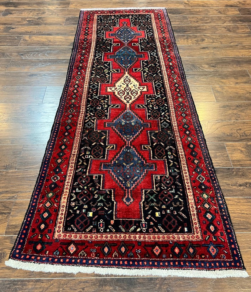 Kurdish Senneh Runner Rug 3x9 Red Navy Blue Medallions Wool Oriental Tribal Rug