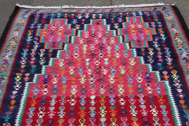 Vintage Traditional Hand Made Oriental Wool Cotton Red Blue Long Kilim 230x125cm gallery