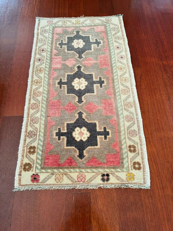 Triple Medallion 2x3 Pink Charcoal Wool Hand Knotted Vintage Turkish Rug Mat gallery