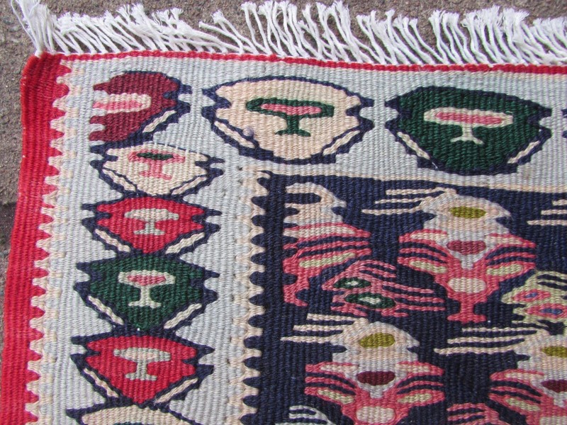 Fine Vintage Traditional Hand Made Oriental Wool Blue Red Small Kilim 104x74cm gallery