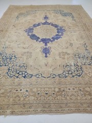 Antique Oriental Hand-Knotted Wool Area Rug Distressed Beige/Blue 9’6″ x 12’9″
