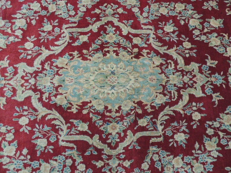 9x12 Antique Kermaan wool Oriental Rug Ivory Blue Red Medallion WOW! gallery