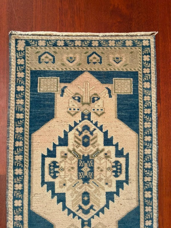 Vintage Oushak 2x3 Small Rug Blue Cream Beige Hand Knotted Turkish Wool Door Mat gallery