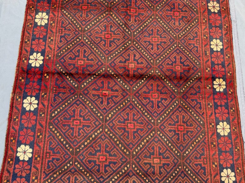 Red Blue Afghan Hand Knotted Wool Rug 4'10x7'4 Vintage Geometric Floral Area Rug gallery