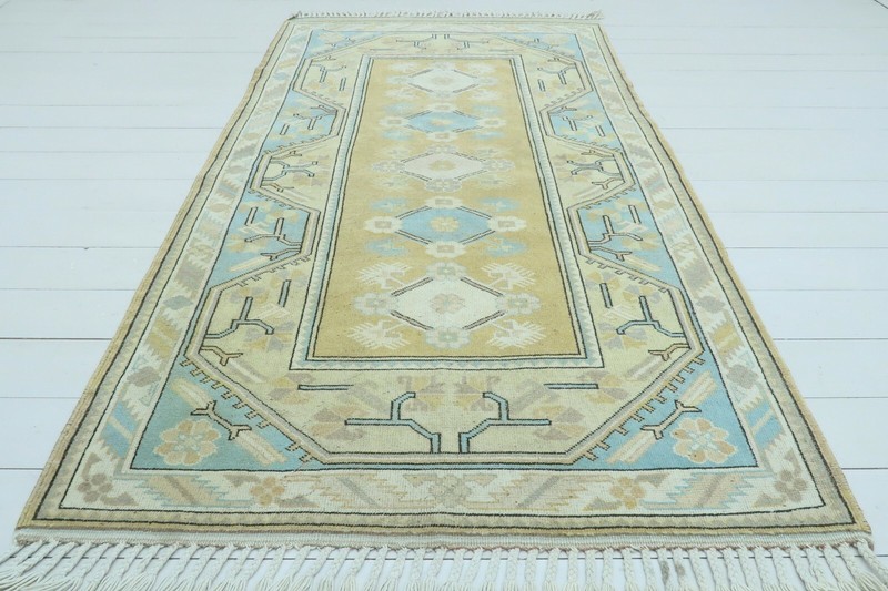 Honey Gold Medallion Vintage Turkish Carpet, Handmade Wool Floor Rug 47"x81" gallery