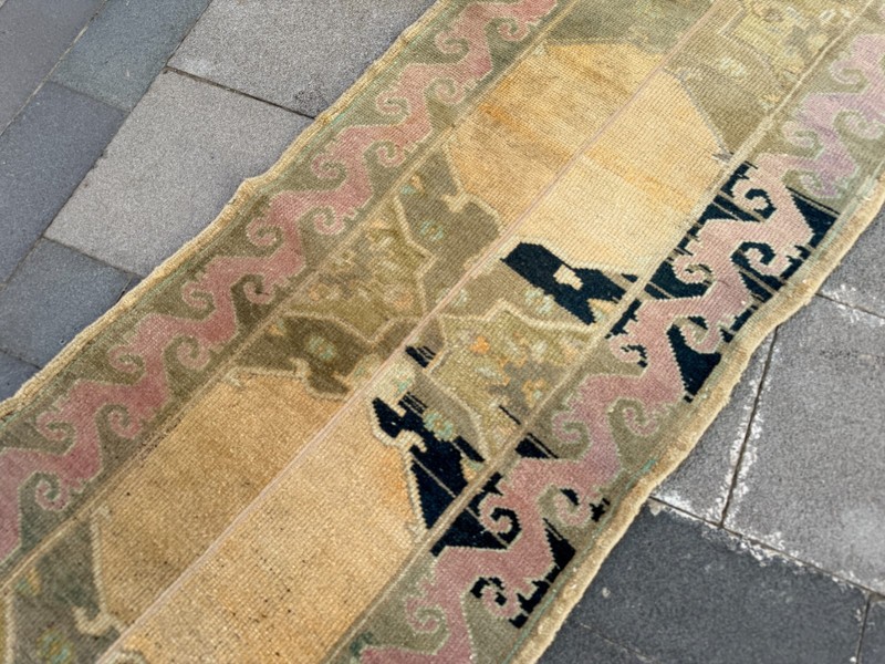 Vintage Turkish Oushak Runner Rug 2.2x10.1 Yellow Pink Hallway Kitchen Runner gallery