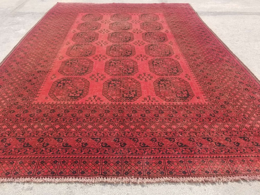 Distressed Authentic Hand Knotted Vintage Afghan Turkmen Wool Area Rug 9.3x6.6ft