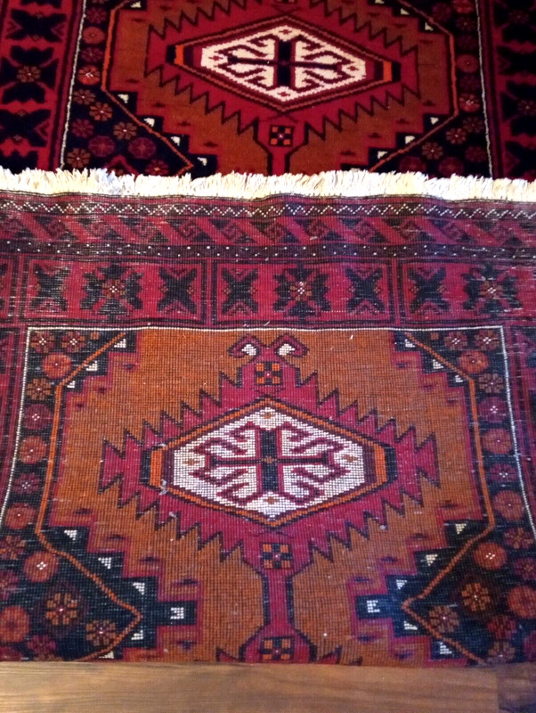 Vintage ORIENTAL Rug Rust & red wool HAND-KNOTTED fine neutral 6'.5" x 3'.5" gallery