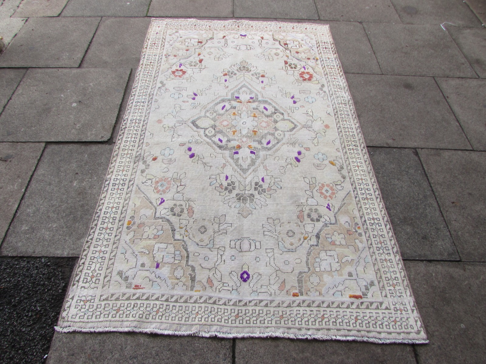 Vintage Worn Hand Made Traditional Oriental Wool Faded Pink Brown Rug 201x121cm gallery