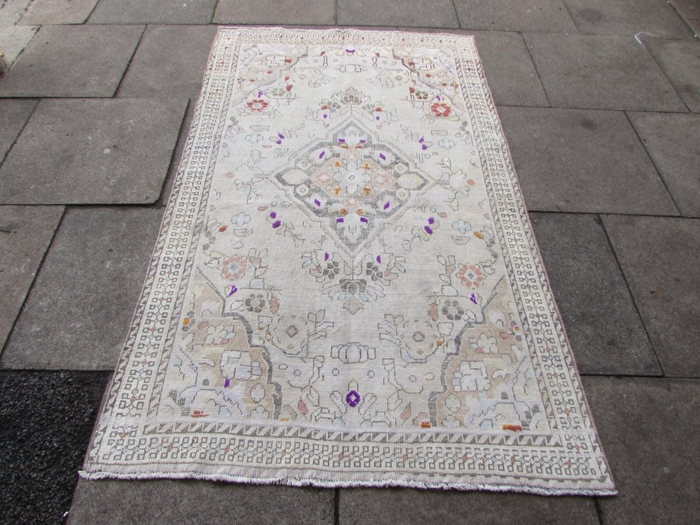 Vintage Worn Hand Made Traditional Oriental Wool Faded Pink Brown Rug 201x121cm