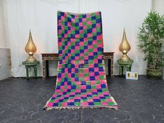 Moroccan Handmade Vintage Rug 3’1″x7′ Berber Checkered Pink Green Carpet