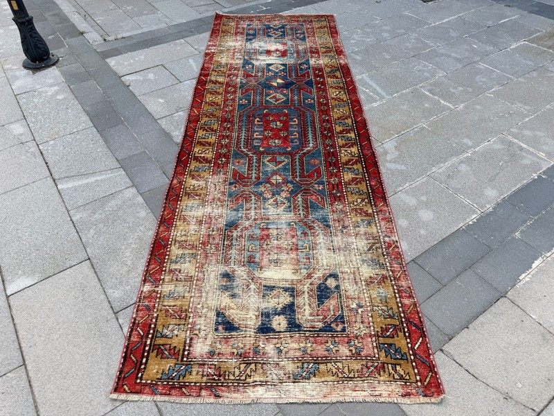 Vintage Turkish Runner Rug 3.3x10.1 ft Distressed Tribal Hallway Carpet Wool Rug gallery