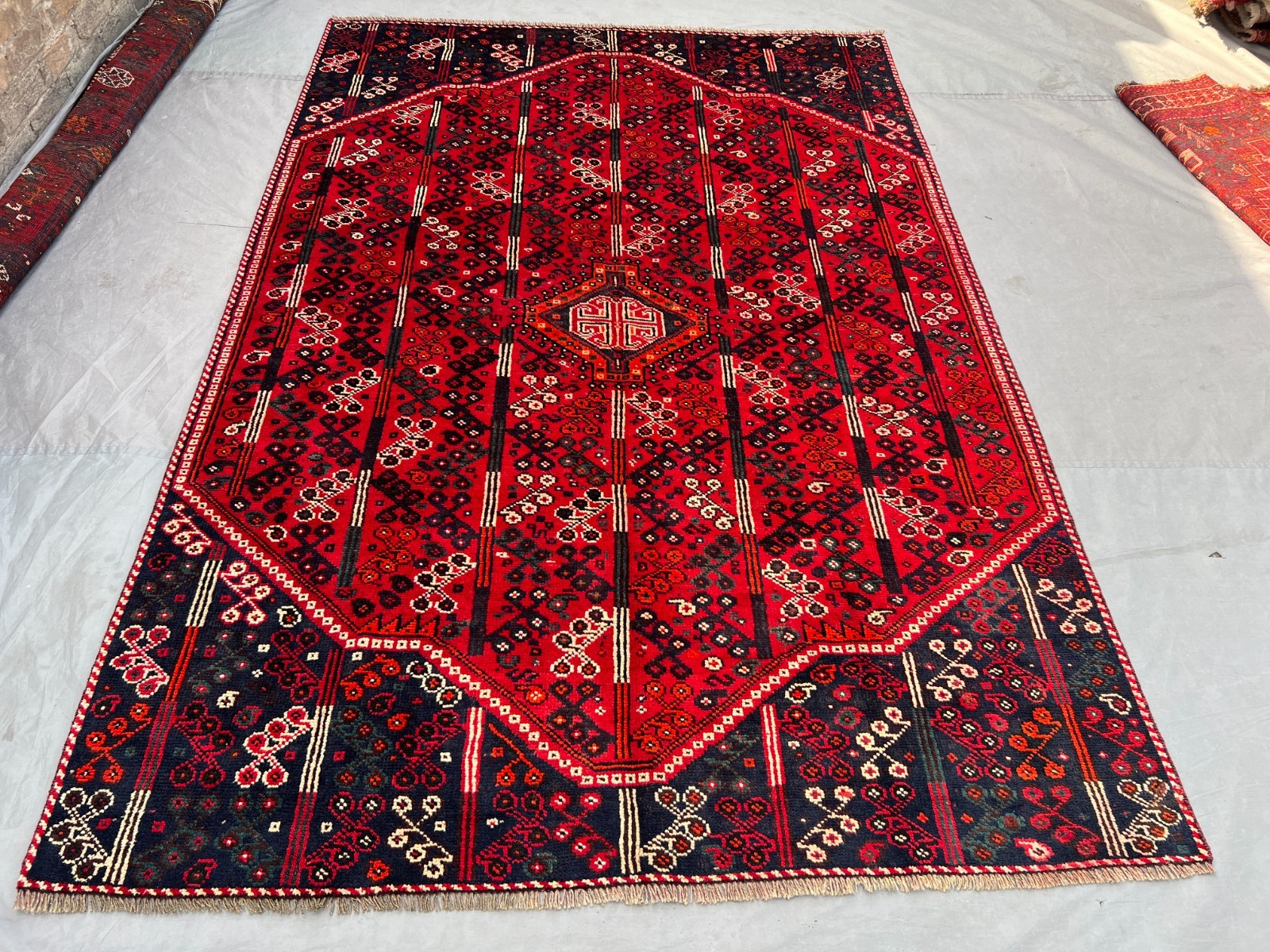 5'11x8'8 ft Vintage Afghan Red Geometric Tree Motif Handnooted Wool Area Rug gallery