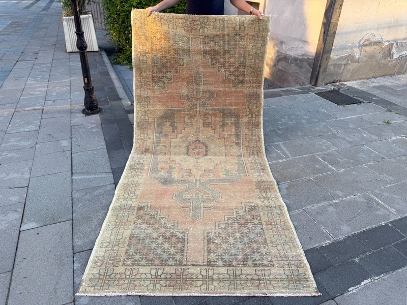 Vintage Oushak Rug 4.2x9 ft Beige Taupe Turkish Rug Distressed Wool Carpet gallery