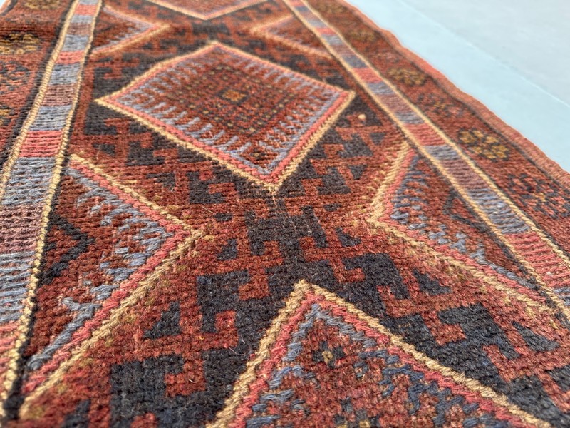 Vintage Afghan Baluchi Mishwani Runner Rug - Red Handwoven Wool Geometric Rug gallery