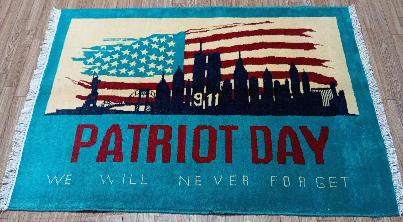 Afghan War Rug Hand-Knotted 9/11 Patriot Day New York City Skyline 3.9' x 2.8' gallery