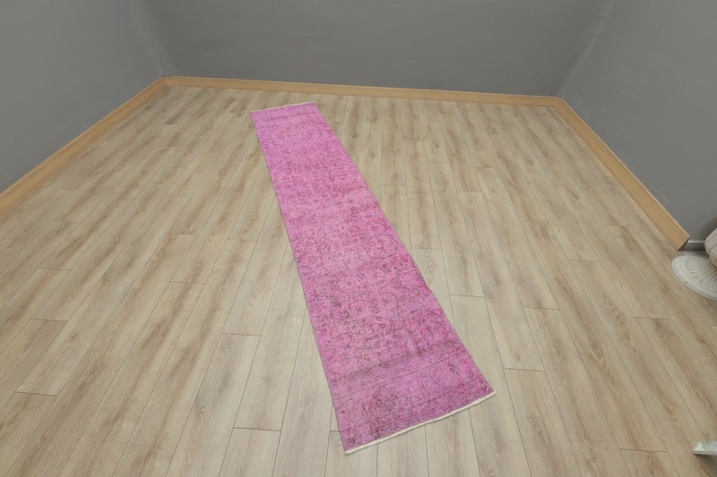 Sparta Pink Wool Runner Rug Anatolian Ethnic Handwoven Overdyed Carpet 2x10 ft gallery