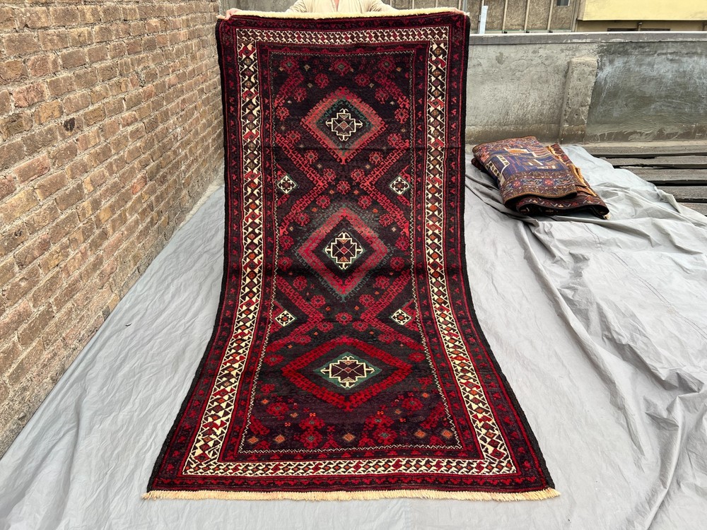 4'2x8'5 Vintage Afghan Baluchi Runner Rug Hand Knotted Wool Tribal Floor Carpet