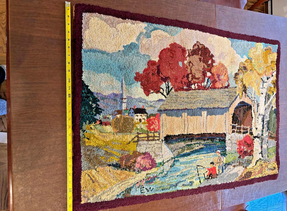 Primitive Antique Vtg American Hand Made Hooked Rug Wool on Burlap Signed EW