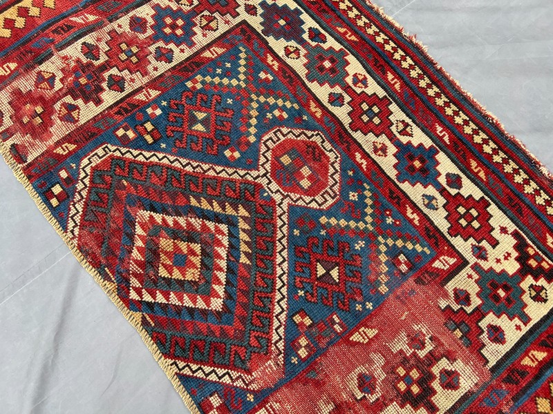 Red Blue Turkish Tribal Rug 4x5 ft Hand Knotted Vintage Distressed Boho Carpet gallery