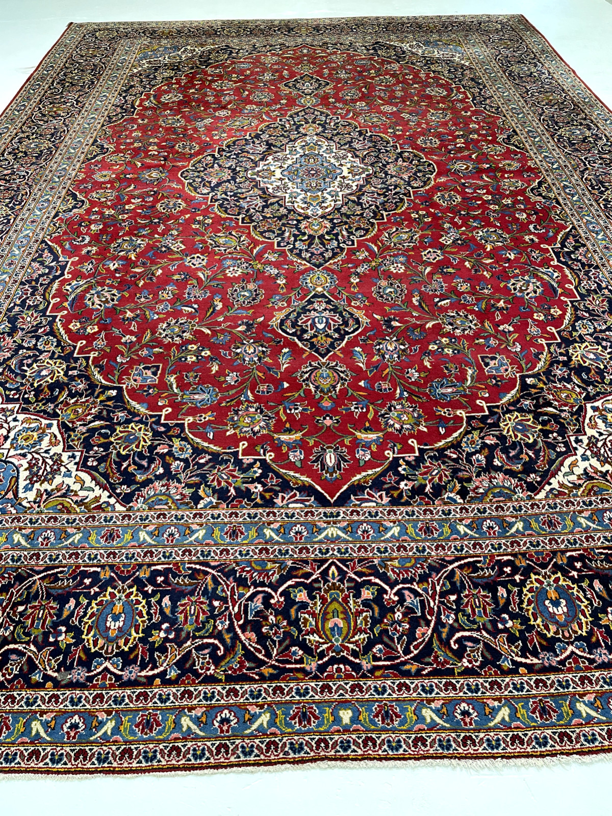 Antique Oriental Hand-Knotted Wool Area Rug Red/Navy Blue/Ivory 11'8" x 17'1" gallery