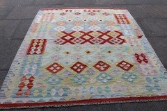 Kilim Vintage Traditional Hand Made Oriental Green Grey Red Wool Kilim 201x157cm