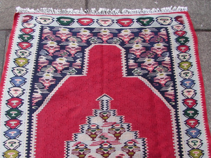 Fine Vintage Traditional Hand Made Oriental Wool Blue Red Small Kilim 104x74cm gallery