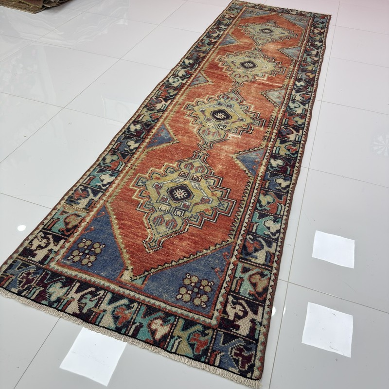3x10 Blue And Terracotta Handwoven Antique Oriental Runner Rug- Tariff Free gallery