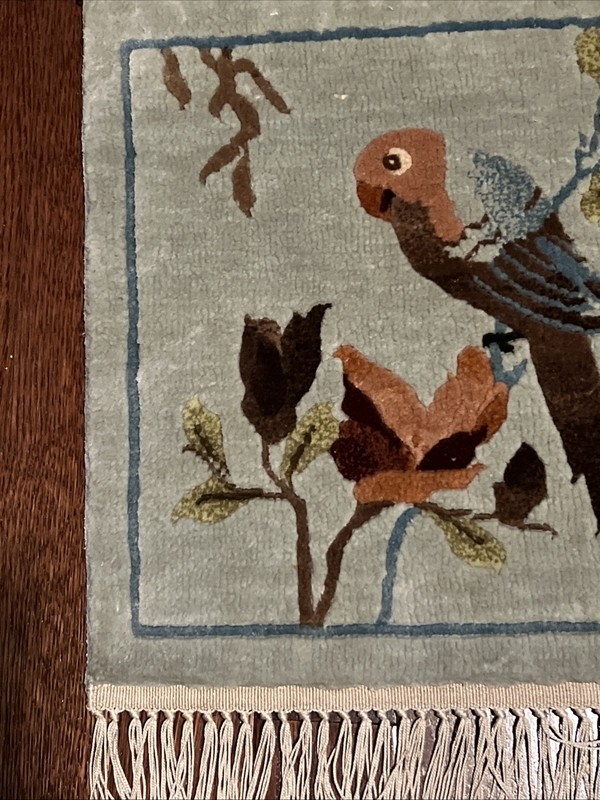 Chinese Silk Parrot Bird on Branch Rug Wall Hanging 12” X 13” Dresser Pad gallery