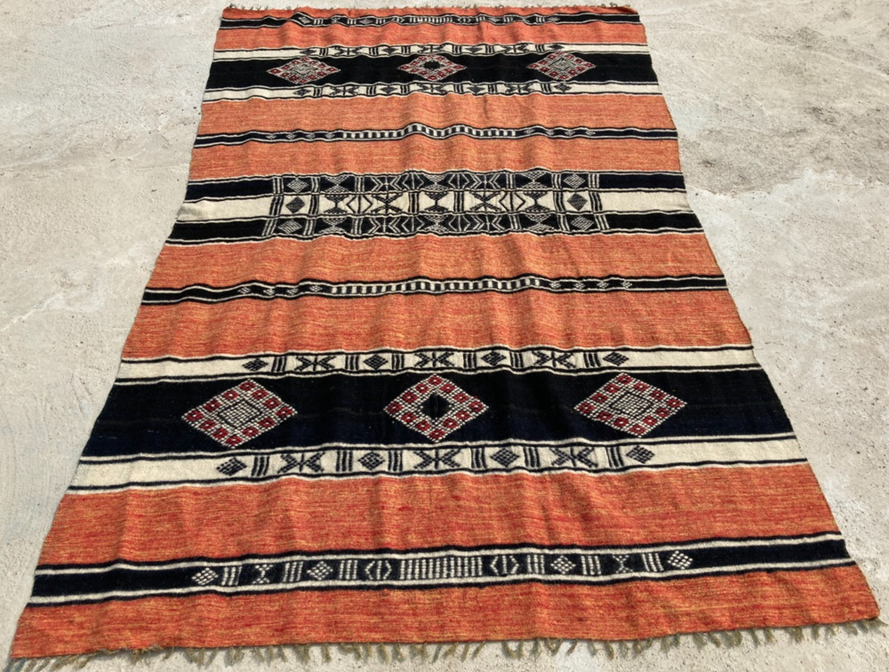 Vintage Handmade Moroccan Berber Geometric Wool Kilim Rug 219x141 cm